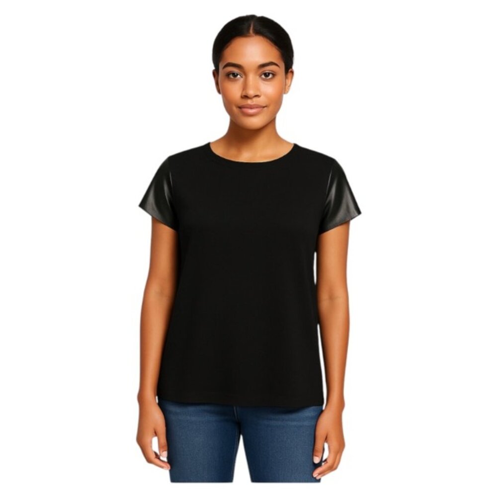 Zara Medium Capped Faux Leather Sleeve Back Zip Sweater